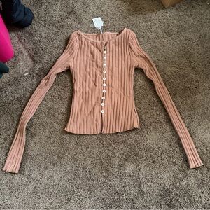 Free People Ribbed Button-Down Shirt in Brown